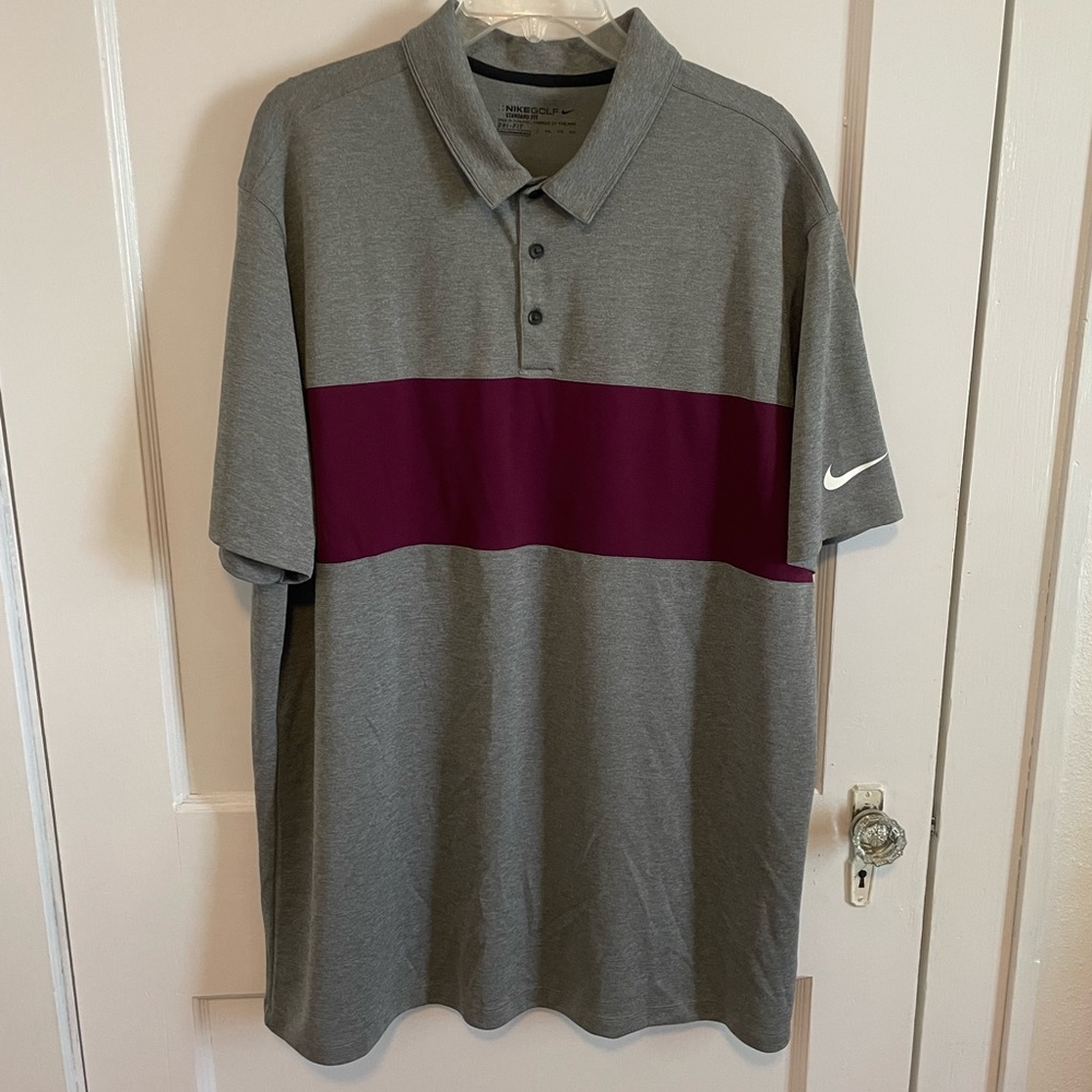 Nike Gray Polo with Maroon Stripe and White Swoosh